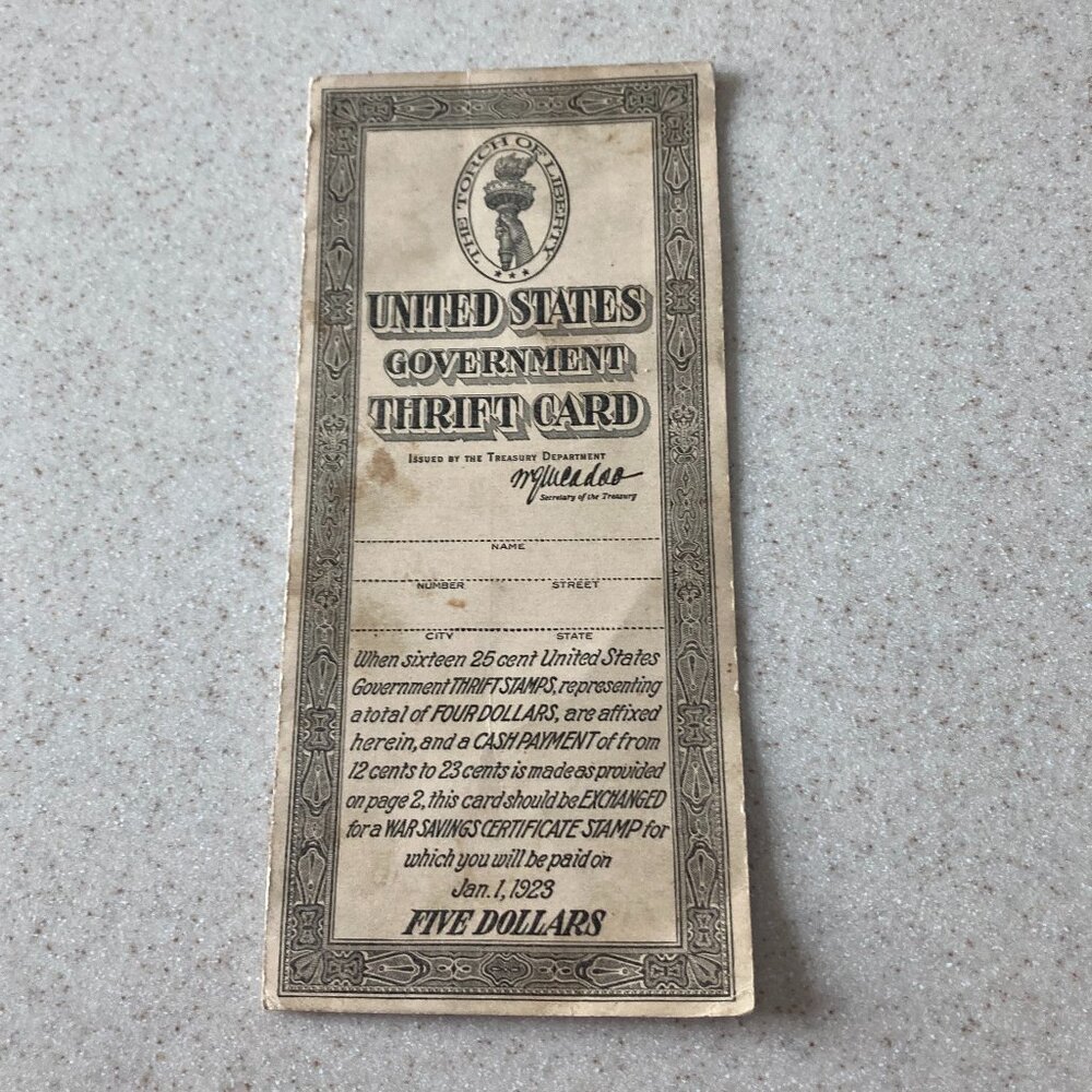1923 US Government War Savings Thrift Card WWI Collectible